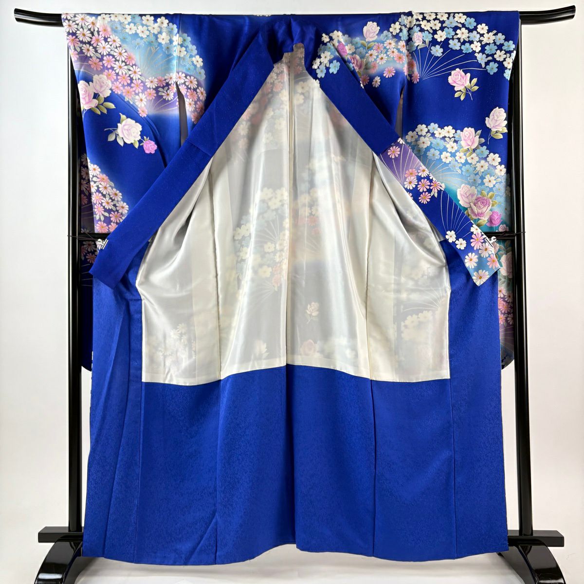 振袖禮服 身長163.5cm 袖長66.5cm M 雙層 薔薇 蝶 金銀彩 刺繡 青 純蠶絲 逸品級