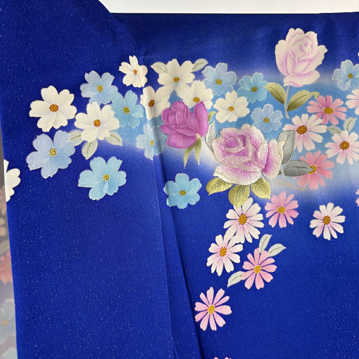 振袖禮服 身長163.5cm 袖長66.5cm M 雙層 薔薇 蝶 金銀彩 刺繡 青 純蠶絲 逸品級
