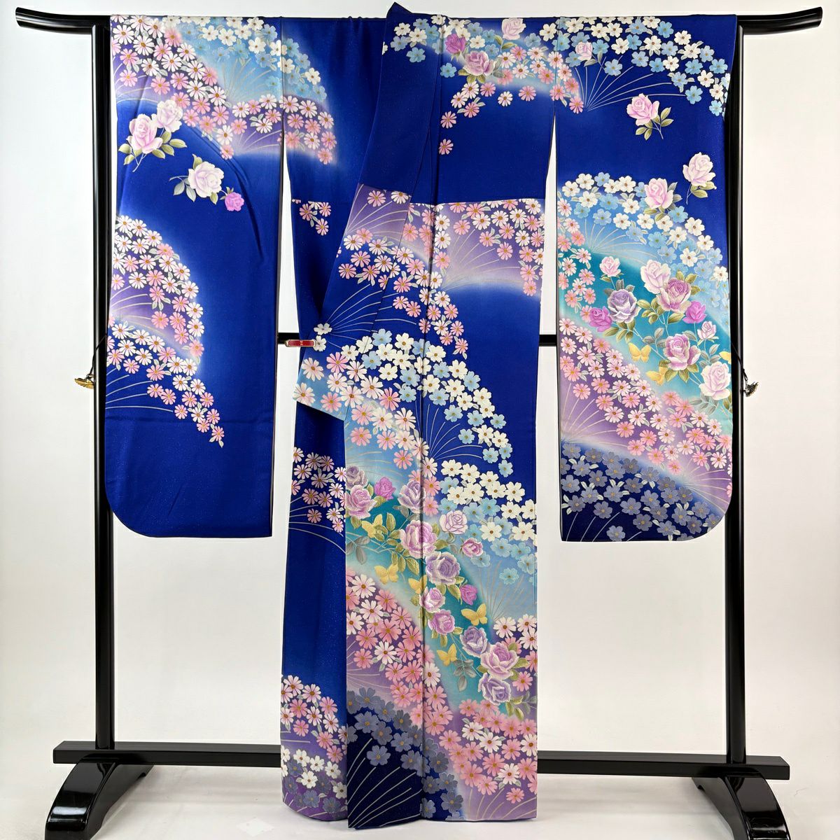 振袖禮服 身長163.5cm 袖長66.5cm M 雙層 薔薇 蝶 金銀彩 刺繡 青 純蠶絲 逸品級