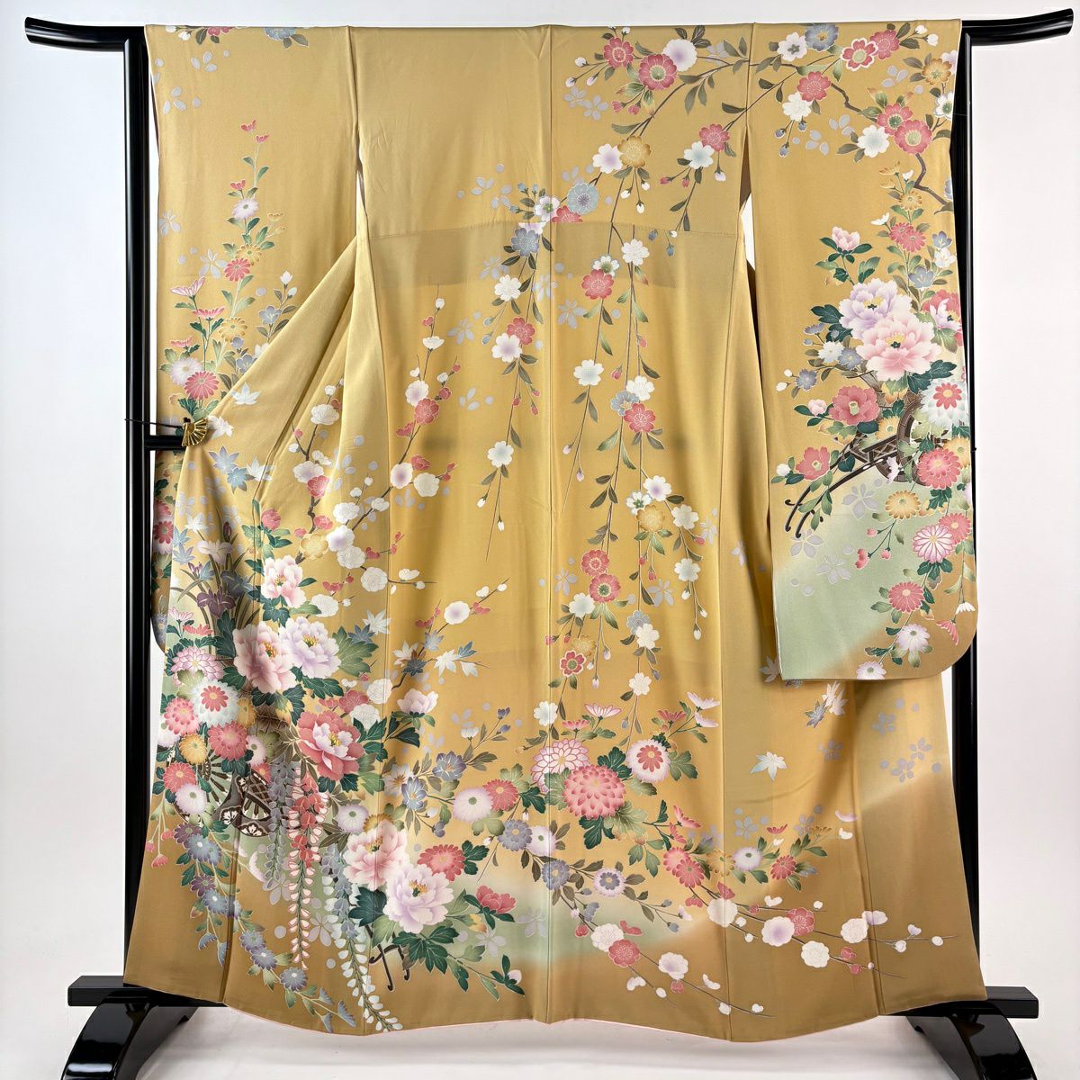 振袖禮服 身長162.5cm 袖長64cm M 雙層 花車 牡丹 金糸 漸層 淡黃土 純蠶絲 逸品級