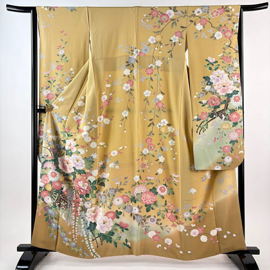 振袖禮服 身長162.5cm 袖長64cm M 雙層 花車 牡丹 金糸 漸層 淡黃土 純蠶絲 逸品級