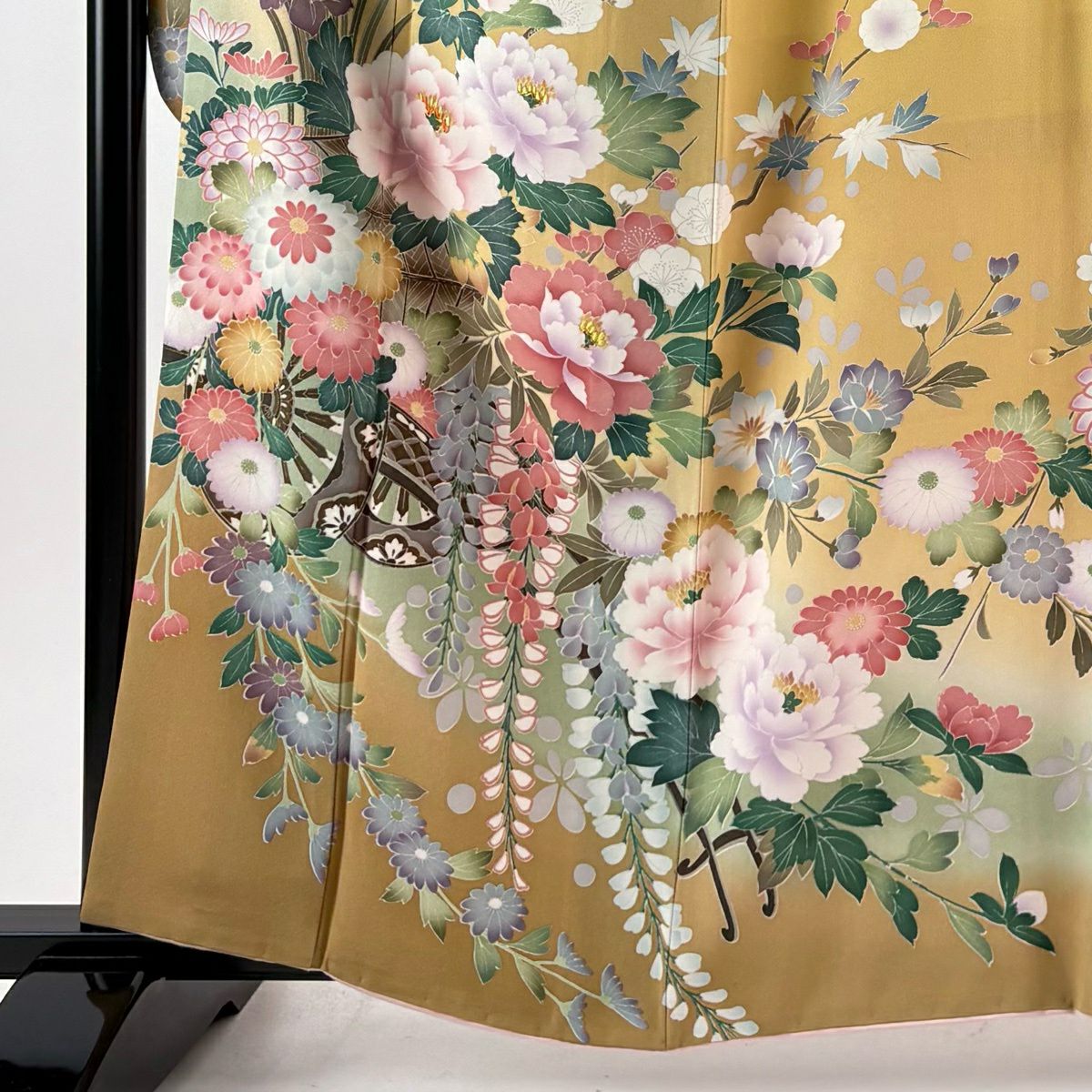 振袖禮服 身長162.5cm 袖長64cm M 雙層 花車 牡丹 金糸 漸層 淡黃土 純蠶絲 逸品級