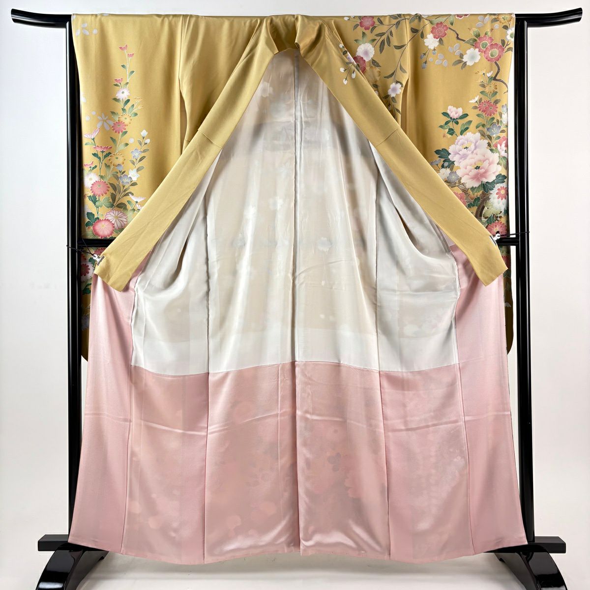振袖禮服 身長162.5cm 袖長64cm M 雙層 花車 牡丹 金糸 漸層 淡黃土 純蠶絲 逸品級