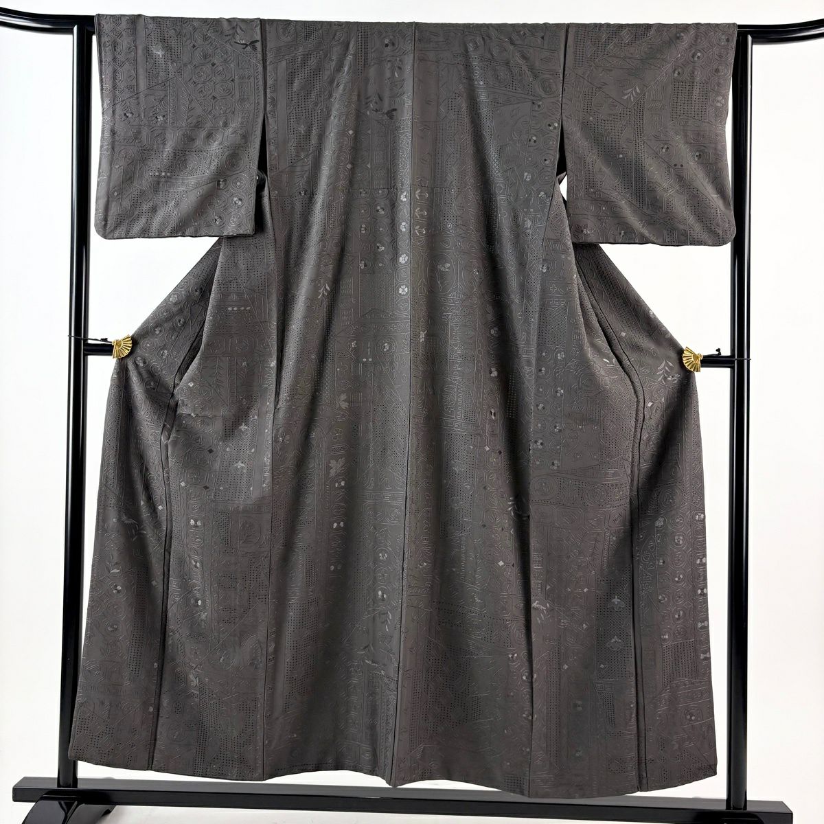 小紋 身長154.5cm 袖長63cm S 雙層 草花紋紋 幾何學刺繡 墨 黑 純蠶絲 逸品級