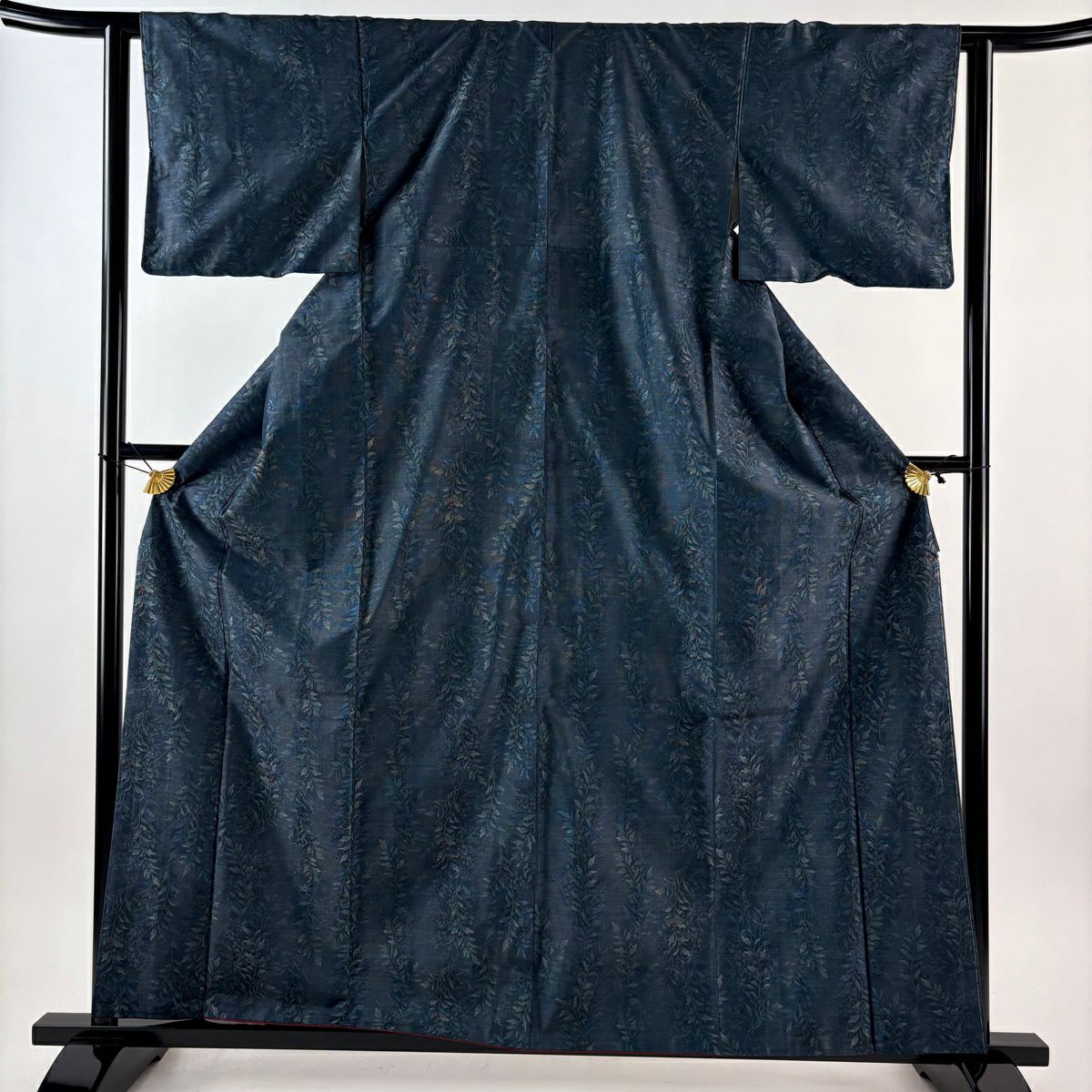 大島紬織 身長161.5cm 袖長62cm S 雙層 都喜ヱ門 泥染 證書附帶 草花紋紋 青綠 純蠶絲 逸品級