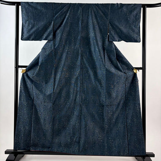 大島紬織 身長161.5cm 袖長62cm S 雙層 都喜ヱ門 泥染 證書附帶 草花紋紋 青綠 純蠶絲 逸品級