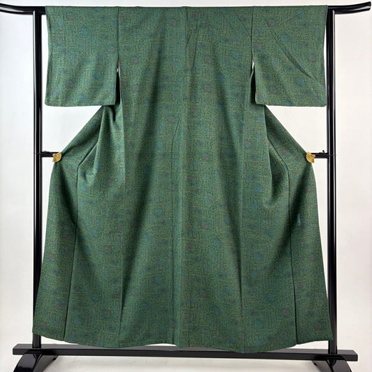 江戶小紋 身長155cm 袖長62.5cm S 雙層 人間國寶 中村勇二郎 落款 花唐草紋 天女 綠 純蠶絲 逸品級