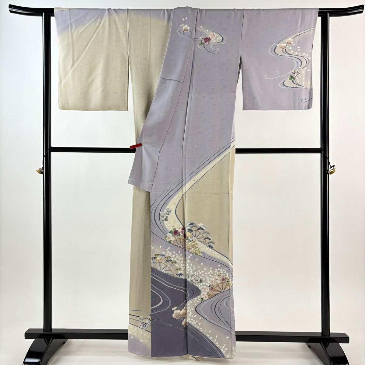 訪問服 身長160cm 袖長66cm M 雙層 帝王紫 落款 片輪車 流水 金彩裝飾 漸變 薄紫 純蠶絲 逸品級