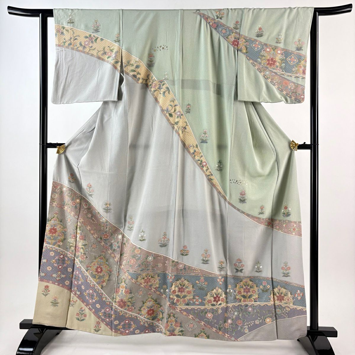 訪問服 身長161.5cm 袖長63cm S 雙層 華紋 草花紋紋 刺繡 金糸 灰綠 純蠶絲 逸品級