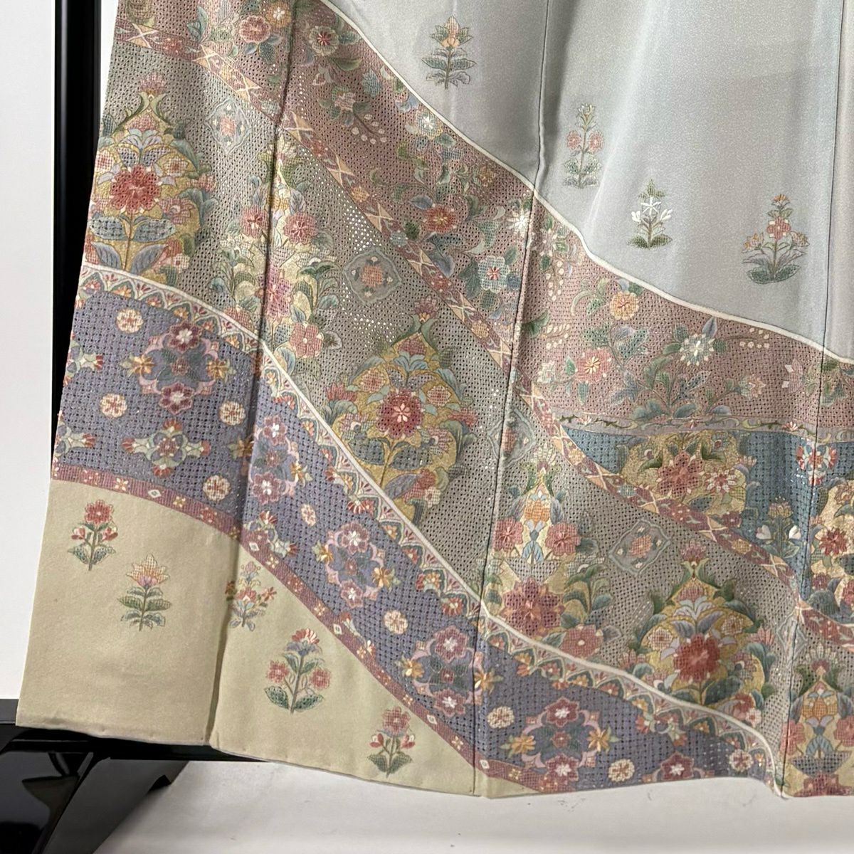 訪問服 身長161.5cm 袖長63cm S 雙層 華紋 草花紋紋 刺繡 金糸 灰綠 純蠶絲 逸品級