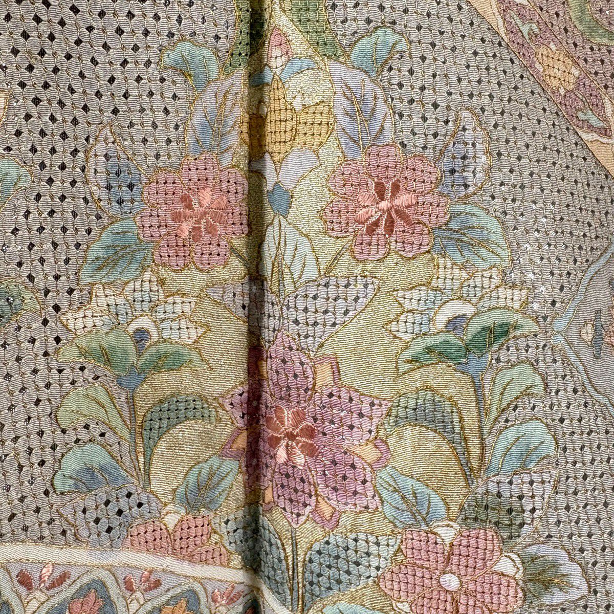 訪問服 身長161.5cm 袖長63cm S 雙層 華紋 草花紋紋 刺繡 金糸 灰綠 純蠶絲 逸品級