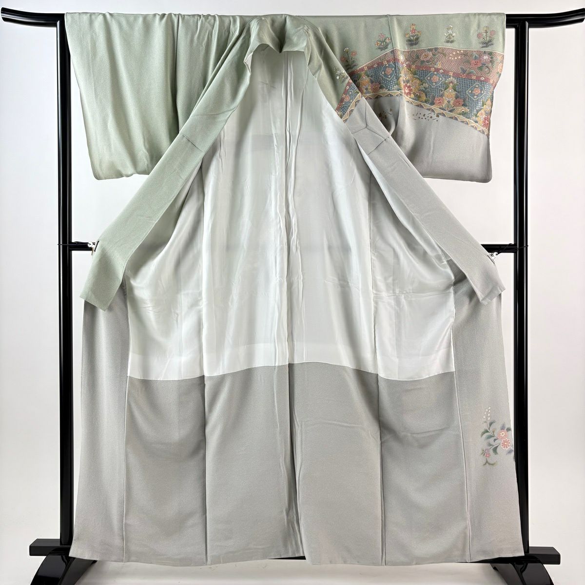 訪問服 身長161.5cm 袖長63cm S 雙層 華紋 草花紋紋 刺繡 金糸 灰綠 純蠶絲 逸品級