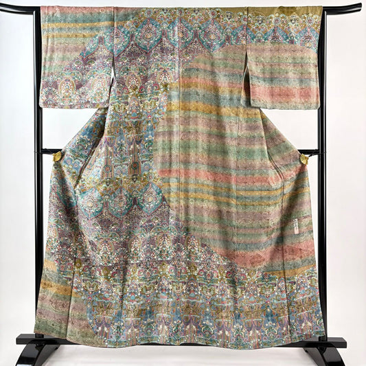 【美品】訪問服 身長158cm 袖長64.5cm M 雙層 前田仁仙 落款あり 華紋 向鳥 紫 純蠶絲 逸品級