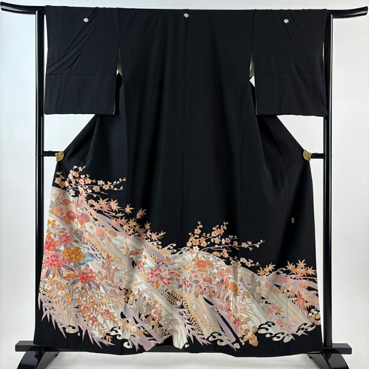 黑留袖禮服 身長159.5cm 袖長63cm S 雙層 中町博志 落款 鳥 草花紋紋 黑 純蠶絲 逸品級