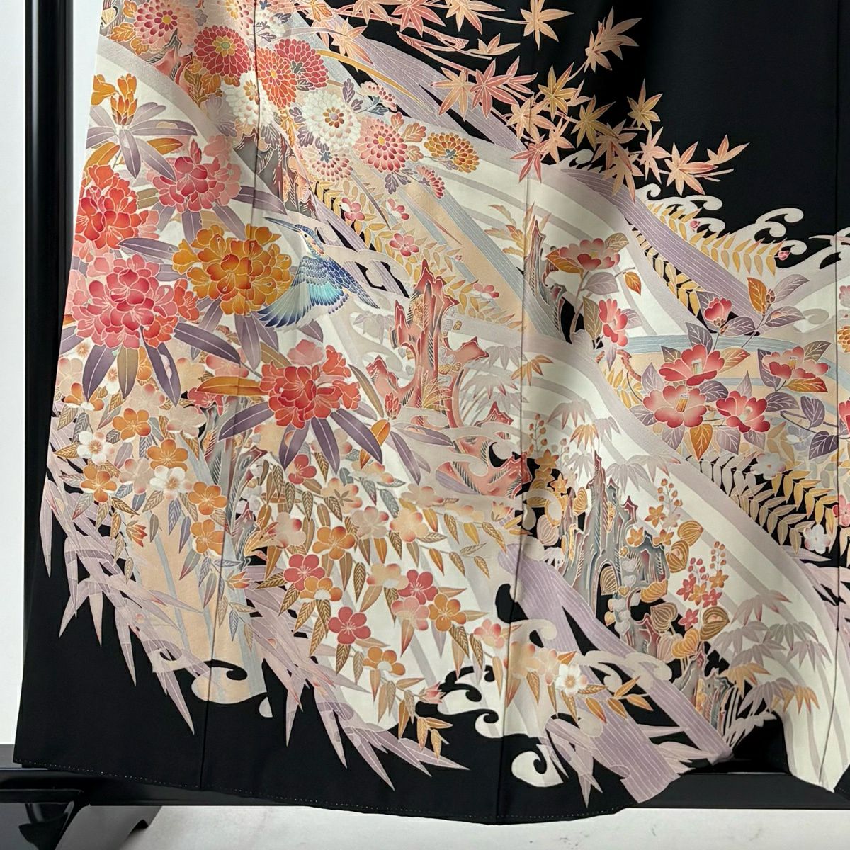 黑留袖禮服 身長159.5cm 袖長63cm S 雙層 中町博志 落款 鳥 草花紋紋 黑 純蠶絲 逸品級