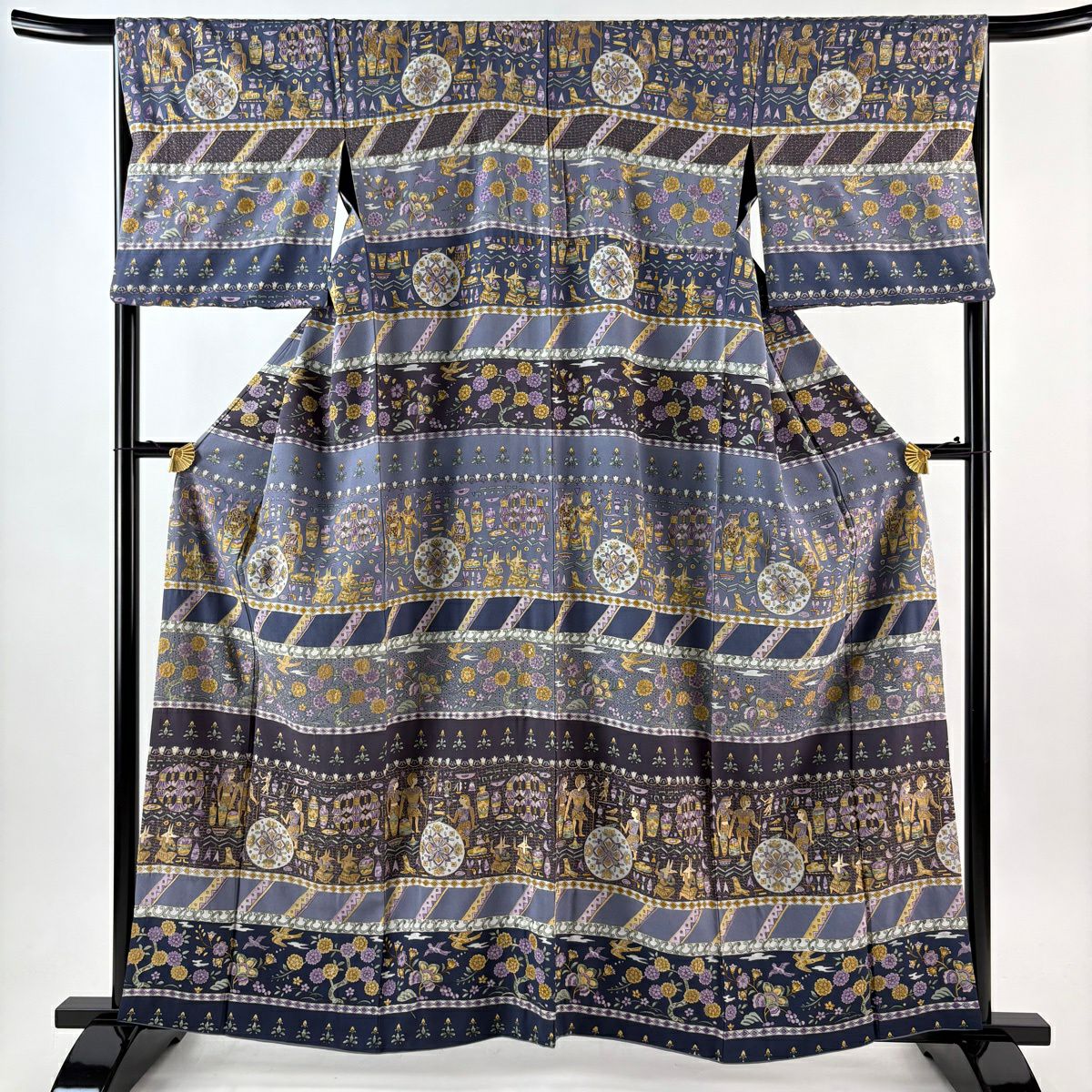訪問服 身長160.5cm 袖長66.5cm M 雙層 科普特圖案 花鳥 刺繡 金絲 紫色 純蠶絲 逸品級