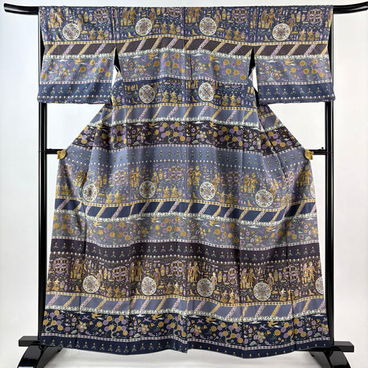 訪問服 身長160.5cm 袖長66.5cm M 雙層 科普特圖案 花鳥 刺繡 金絲 紫色 純蠶絲 逸品級