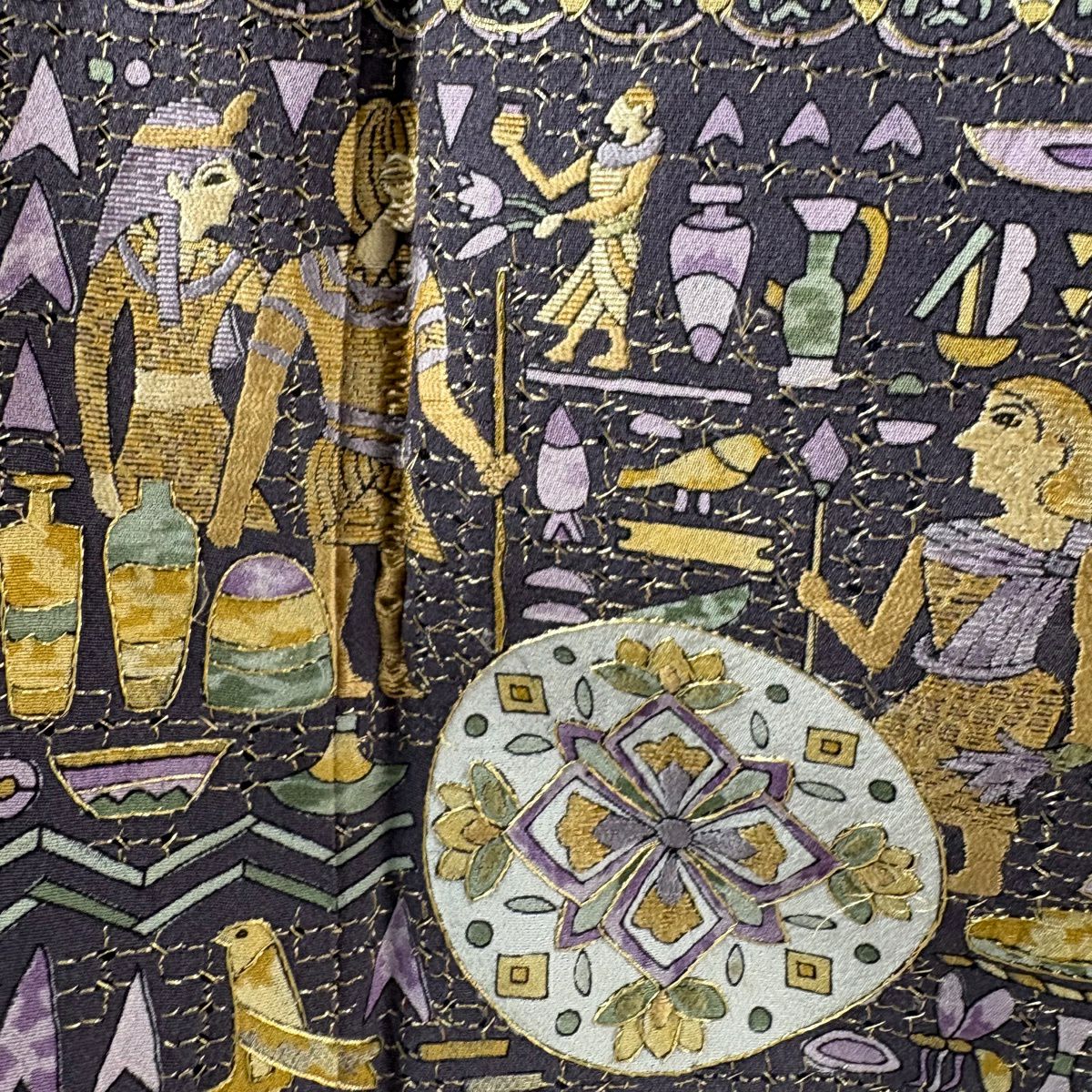 訪問服 身長160.5cm 袖長66.5cm M 雙層 科普特圖案 花鳥 刺繡 金絲 紫色 純蠶絲 逸品級