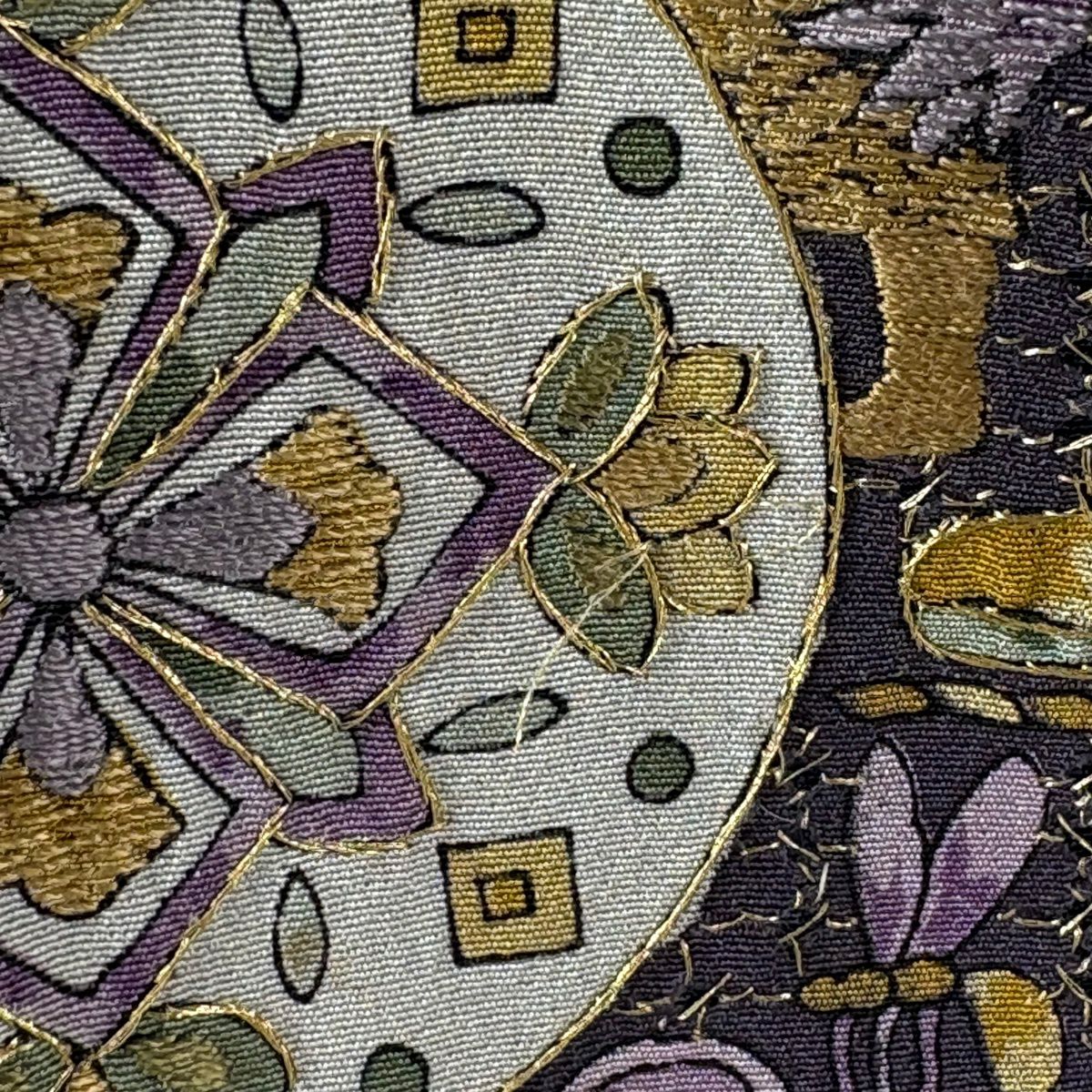 訪問服 身長160.5cm 袖長66.5cm M 雙層 科普特圖案 花鳥 刺繡 金絲 紫色 純蠶絲 逸品級
