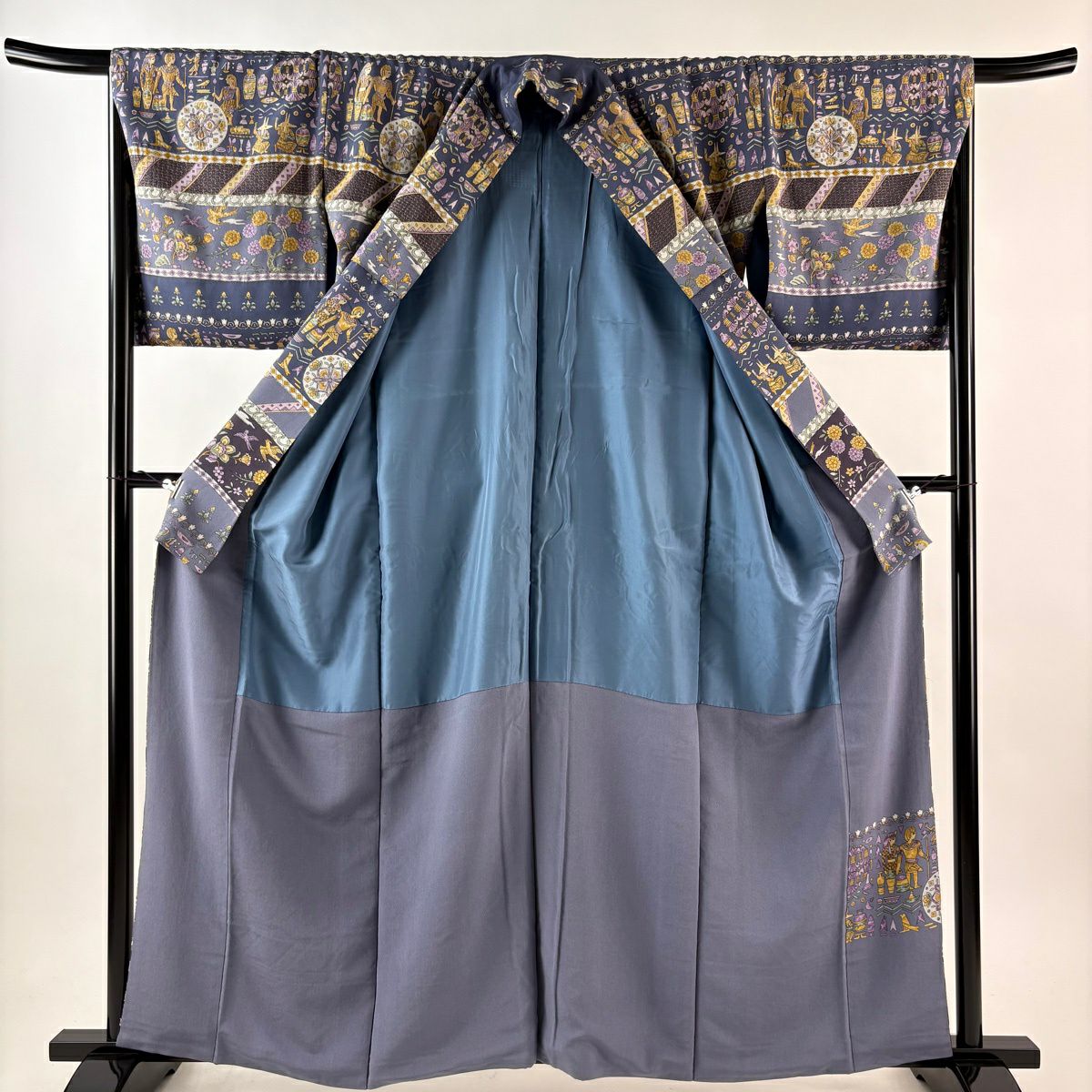 訪問服 身長160.5cm 袖長66.5cm M 雙層 科普特圖案 花鳥 刺繡 金絲 紫色 純蠶絲 逸品級