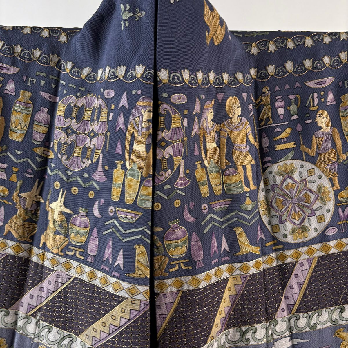訪問服 身長160.5cm 袖長66.5cm M 雙層 科普特圖案 花鳥 刺繡 金絲 紫色 純蠶絲 逸品級