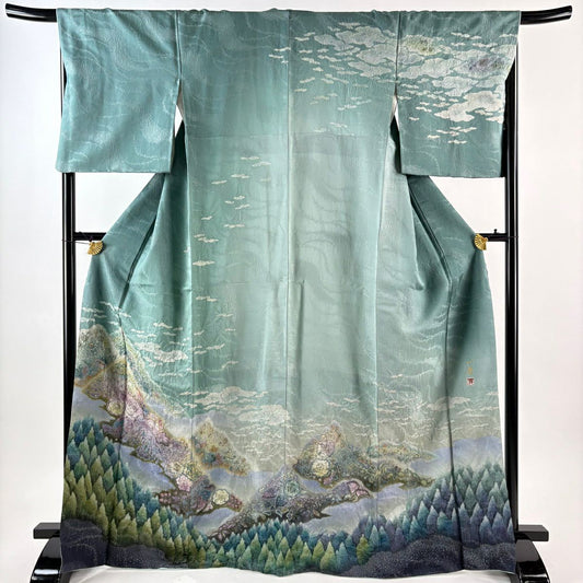 【美品】訪問服 身長167.5cm 袖長68cm L 雙層 吉乃一廉 落款あり 辻花染 樹木 銀通し 漸層 薄綠 純蠶絲 逸品級