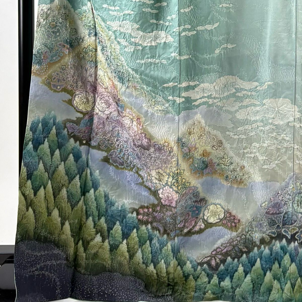 【美品】訪問服 身長167.5cm 袖長68cm L 雙層 吉乃一廉 落款あり 辻花染 樹木 銀通し 漸層 薄綠 純蠶絲 逸品級