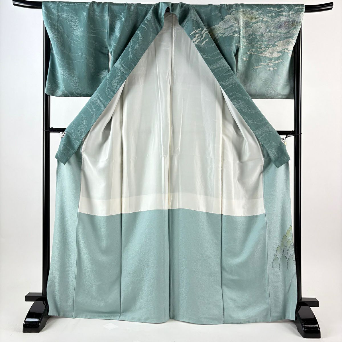 【美品】訪問服 身長167.5cm 袖長68cm L 雙層 吉乃一廉 落款あり 辻花染 樹木 銀通し 漸層 薄綠 純蠶絲 逸品級