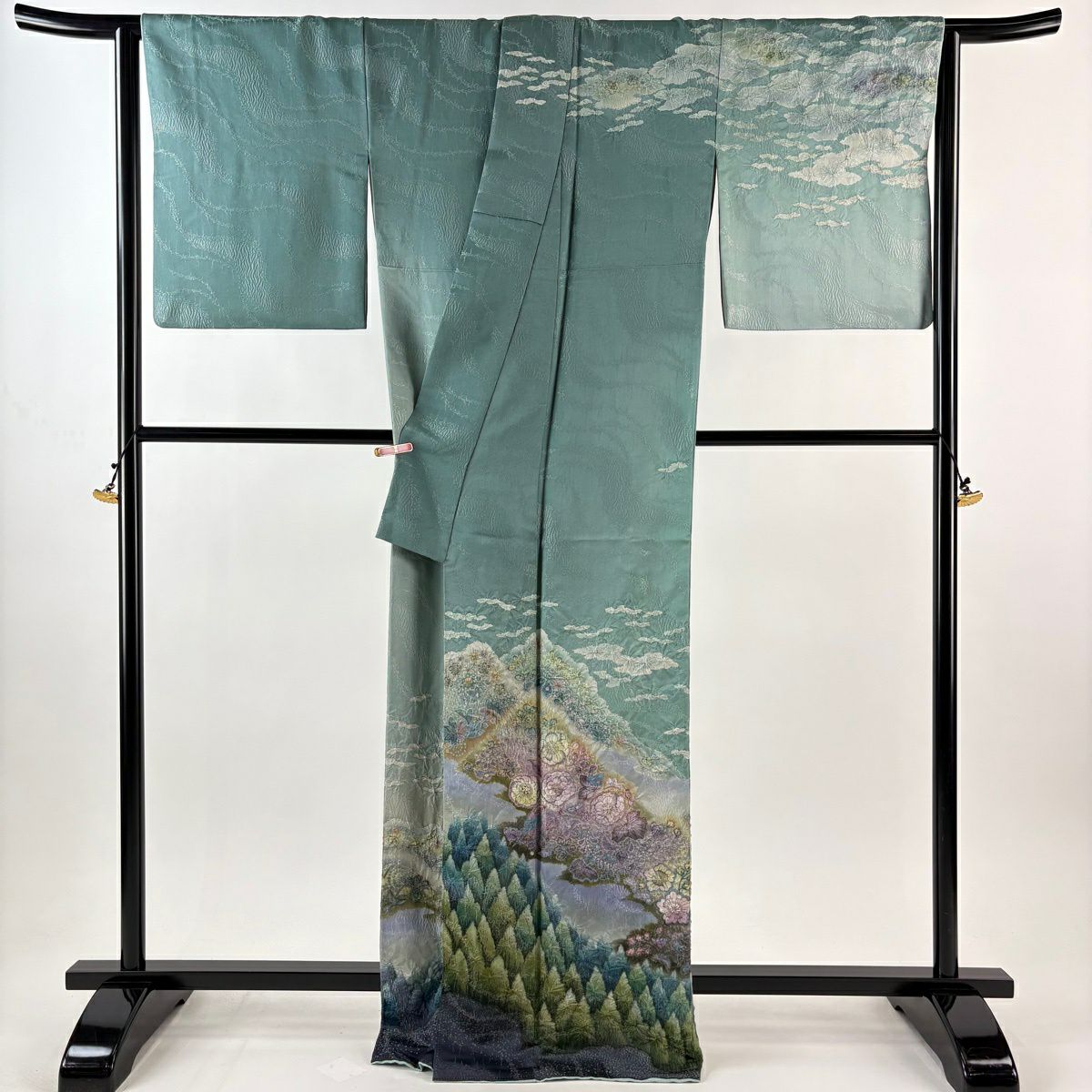 【美品】訪問服 身長167.5cm 袖長68cm L 雙層 吉乃一廉 落款あり 辻花染 樹木 銀通し 漸層 薄綠 純蠶絲 逸品級