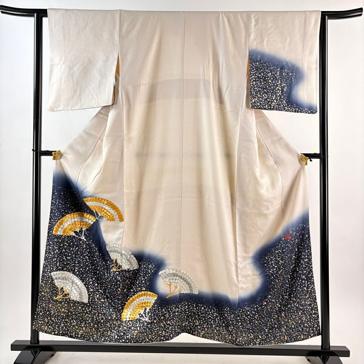 【美品】 付下 身長155.5cm 袖長62cm S 雙層 藤林德扇子 落款あり 葉紋 地紋 金銀線 金銀彩 淺粉色 純蠶絲 逸品級 一つ紋