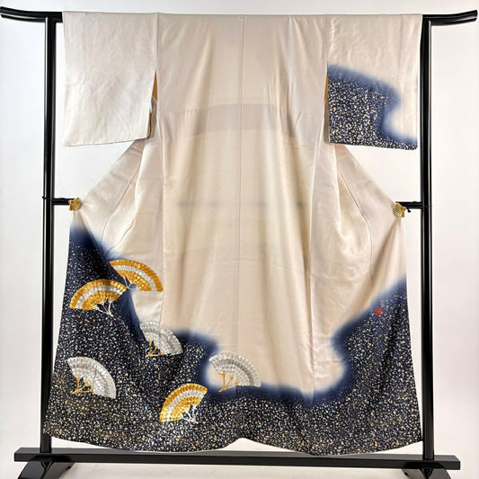 【美品】 付下 身長155.5cm 袖長62cm S 雙層 藤林德扇子 落款あり 葉紋 地紋 金銀線 金銀彩 淺粉色 純蠶絲 逸品級 一つ紋