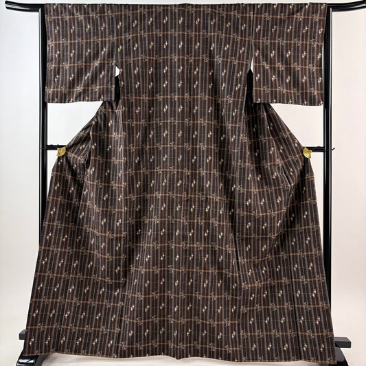 【美品】 紬織 身長167cm 袖長63.5cm S 雙層 琉球本染絞染 證書在側 格子 十字絞 茶 純蠶絲 逸品級