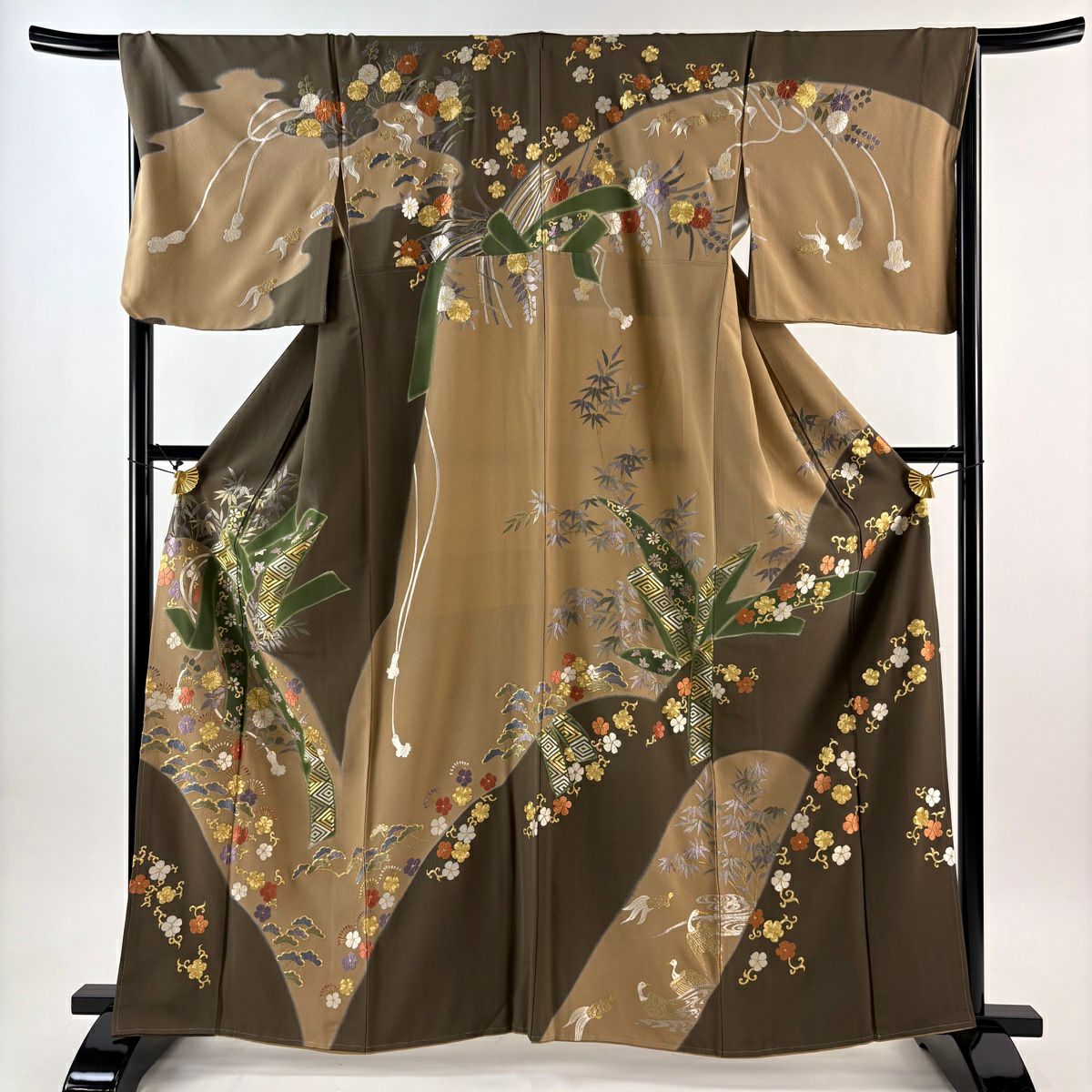 訪問服 身長161.5cm 袖長67.5cm L 雙層 束ね熨斗紋 松樹梅花 金糸 刺繡 薄茶 純蠶絲 逸品級