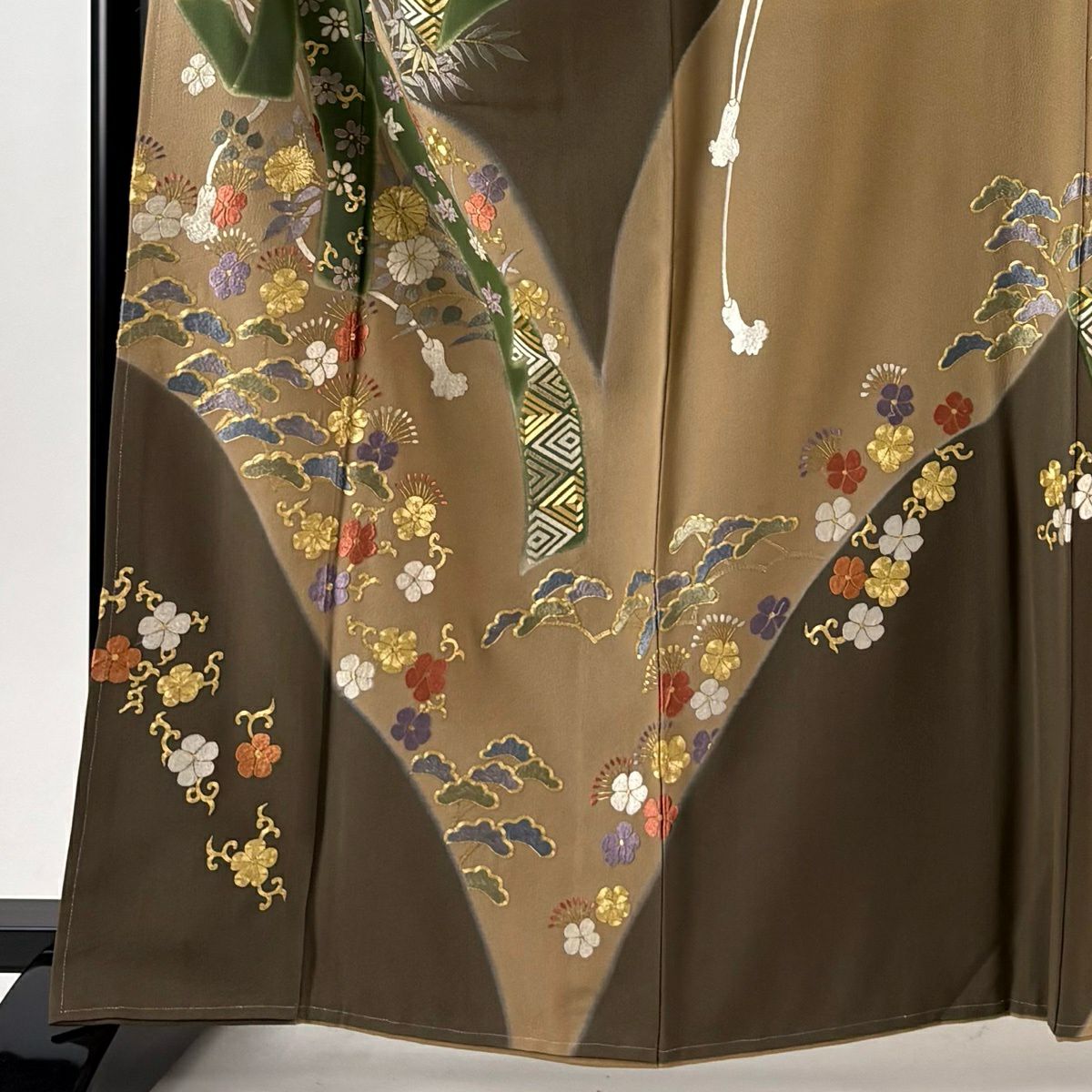 訪問服 身長161.5cm 袖長67.5cm L 雙層 束ね熨斗紋 松樹梅花 金糸 刺繡 薄茶 純蠶絲 逸品級