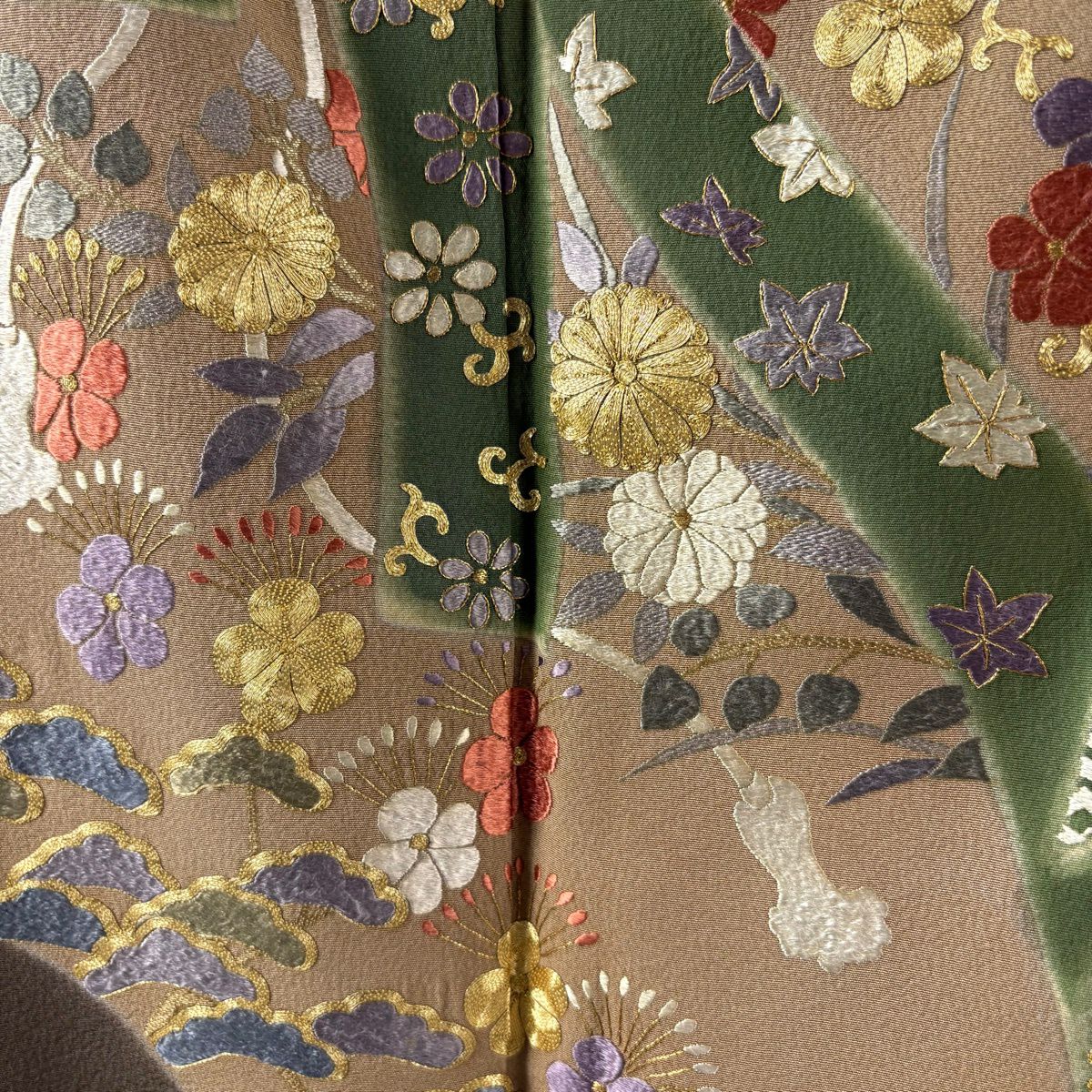 訪問服 身長161.5cm 袖長67.5cm L 雙層 束ね熨斗紋 松樹梅花 金糸 刺繡 薄茶 純蠶絲 逸品級