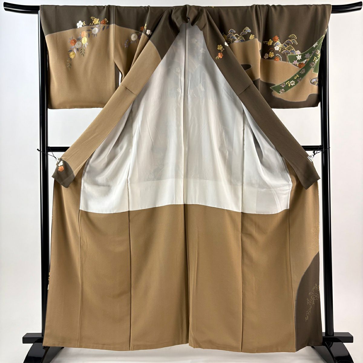 訪問服 身長161.5cm 袖長67.5cm L 雙層 束ね熨斗紋 松樹梅花 金糸 刺繡 薄茶 純蠶絲 逸品級