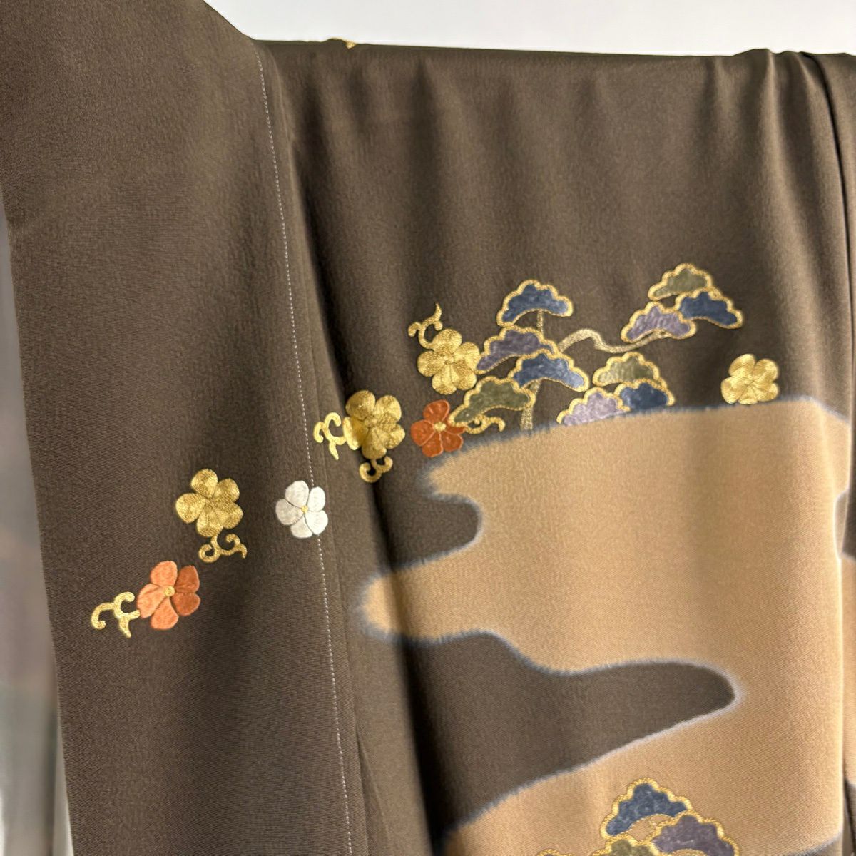 訪問服 身長161.5cm 袖長67.5cm L 雙層 束ね熨斗紋 松樹梅花 金糸 刺繡 薄茶 純蠶絲 逸品級