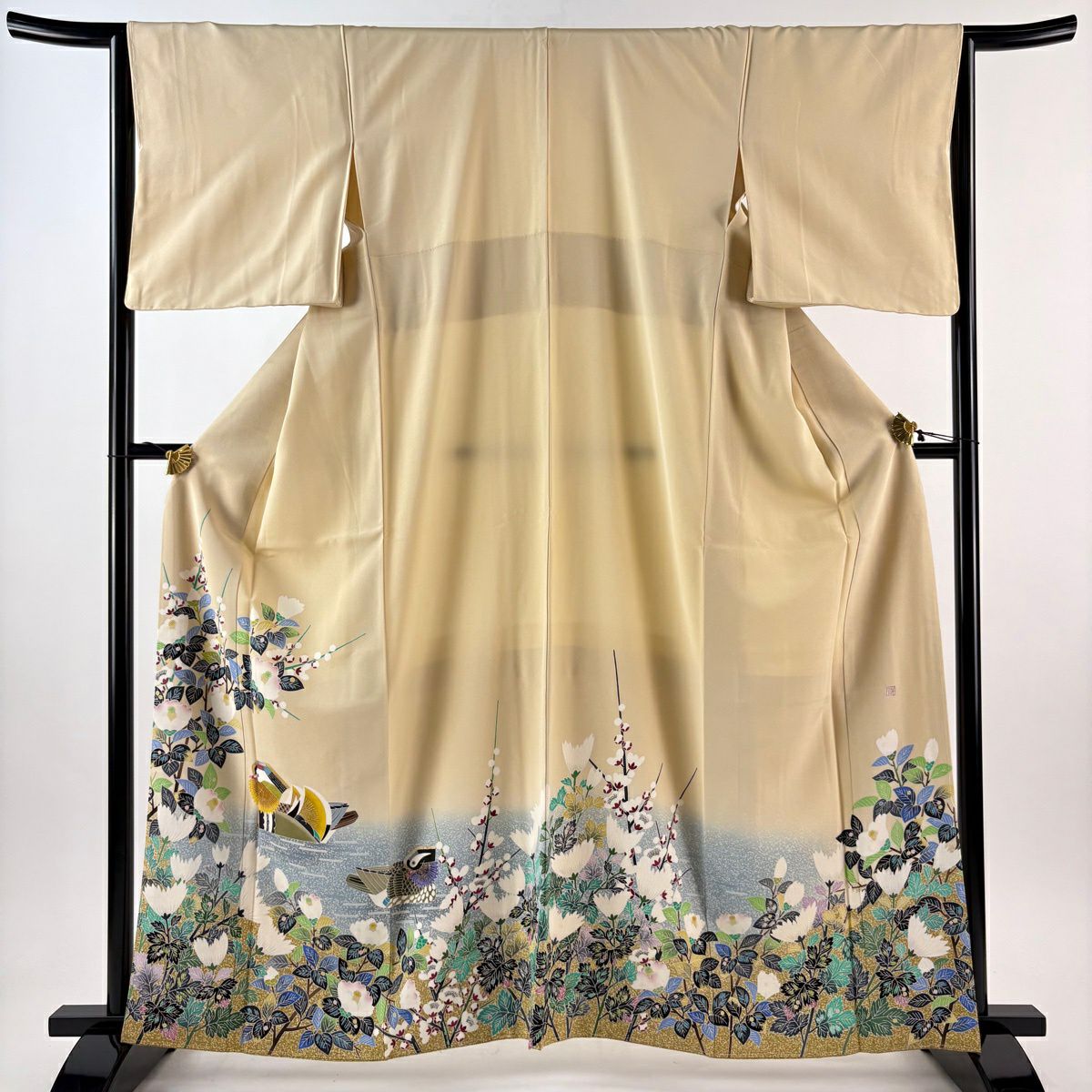 色留袖禮服 身長163cm 袖長64.5cm M 雙層 TOKIOetTOKI 落款あり 鴛鴦 枝花 金銀彩 染分 米色 純蠶絲 逸品級