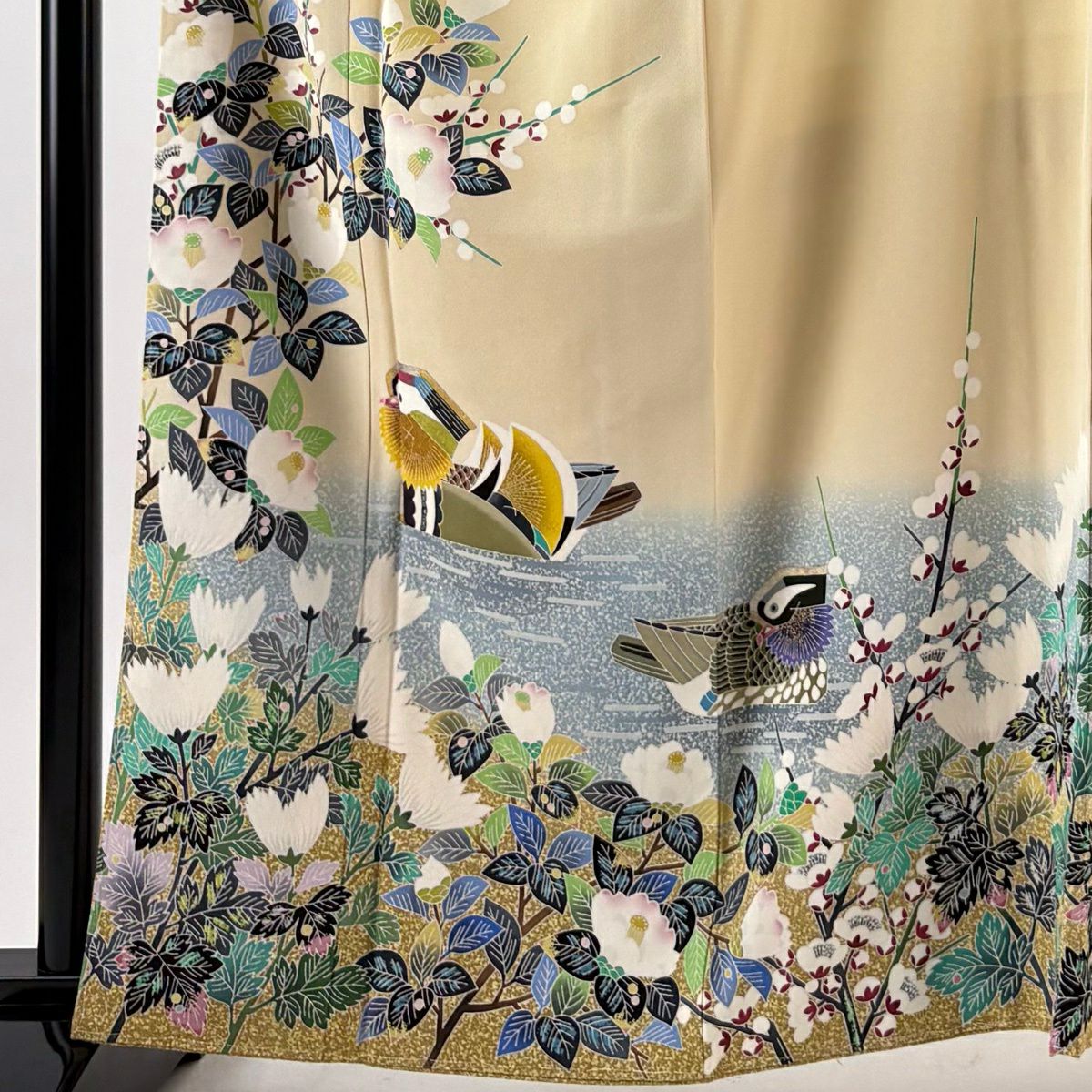 色留袖禮服 身長163cm 袖長64.5cm M 雙層 TOKIOetTOKI 落款あり 鴛鴦 枝花 金銀彩 染分 米色 純蠶絲 逸品級