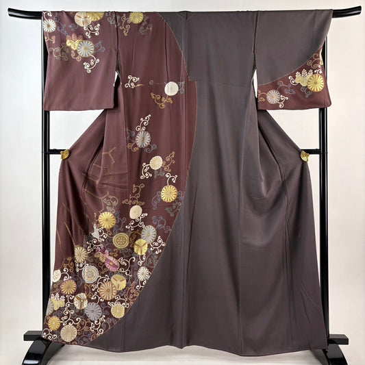 訪問服 身長163.5cm 袖長69cm L 雙層 帝王紫 落款 菊花唐草紋 桐 刺繡 金彩裝飾 小豆 純蠶絲 逸品級