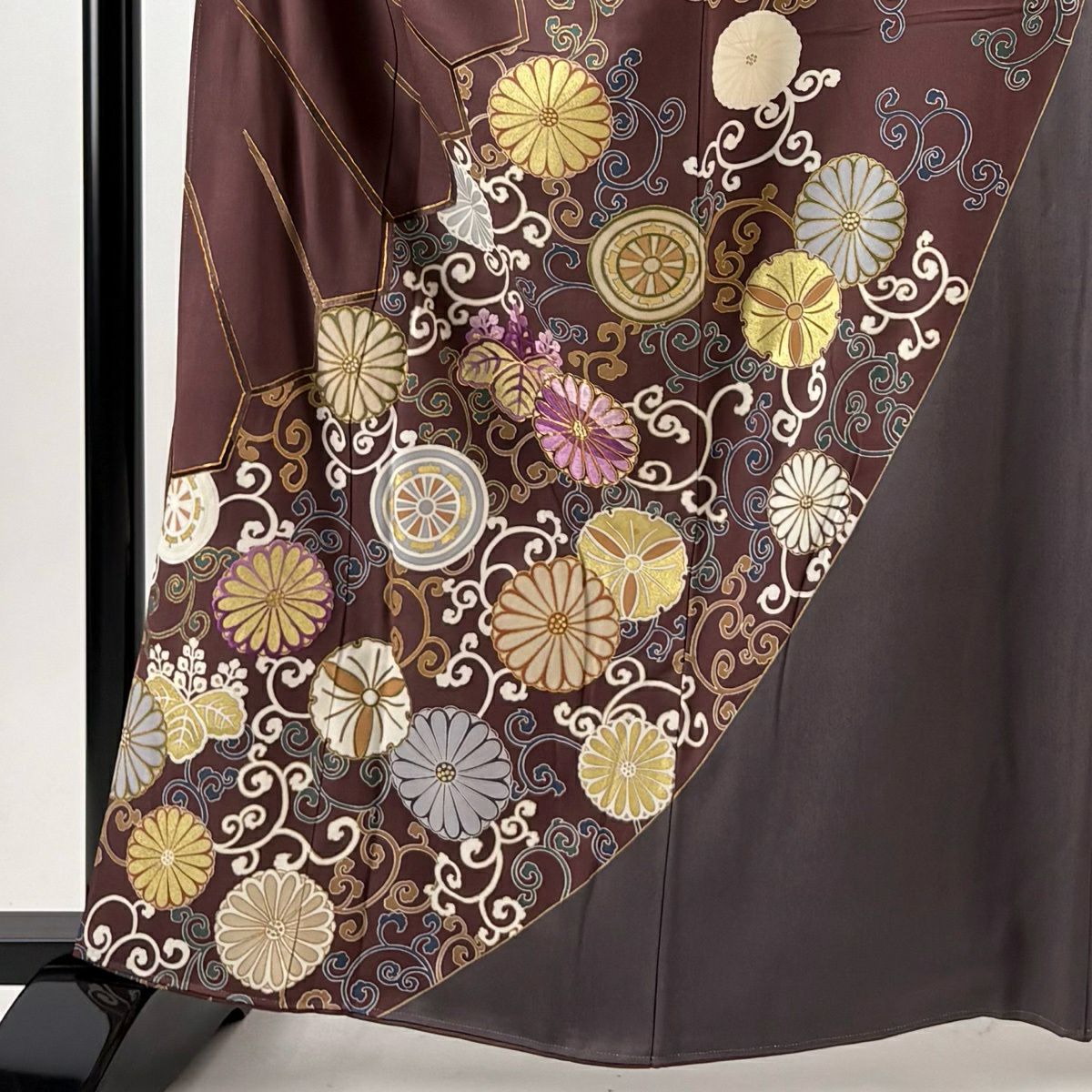 訪問服 身長163.5cm 袖長69cm L 雙層 帝王紫 落款 菊花唐草紋 桐 刺繡 金彩裝飾 小豆 純蠶絲 逸品級