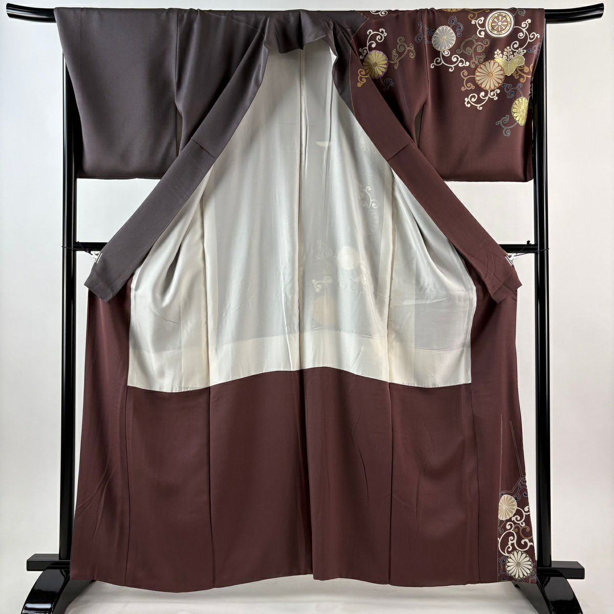 訪問服 身長163.5cm 袖長69cm L 雙層 帝王紫 落款 菊花唐草紋 桐 刺繡 金彩裝飾 小豆 純蠶絲 逸品級