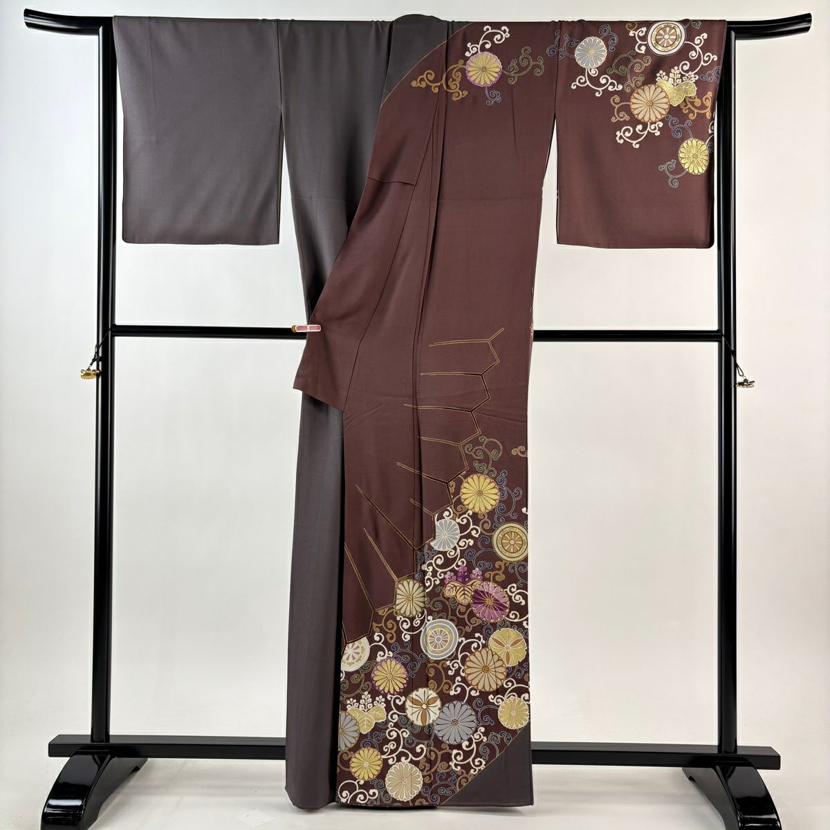 訪問服 身長163.5cm 袖長69cm L 雙層 帝王紫 落款 菊花唐草紋 桐 刺繡 金彩裝飾 小豆 純蠶絲 逸品級