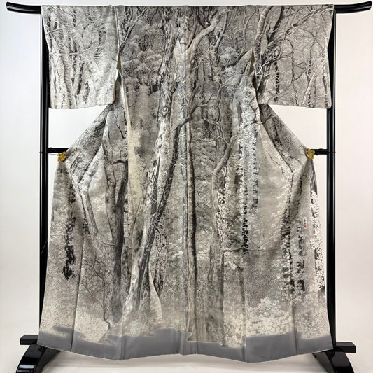 【美品】訪問服 身長163.5cm 袖長66.5cm M 雙層 山岡古都 有落款 白樺 笹 灰色 純蠶絲 逸品級