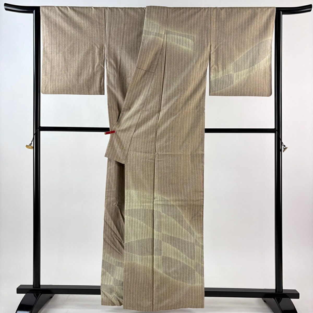 訪問服 身長162cm 袖長67.5cm L 雙層 牛首紬織織 地 落款あり 縦縞 幾何學圖案 染分 薄茶 純蠶絲 逸品級