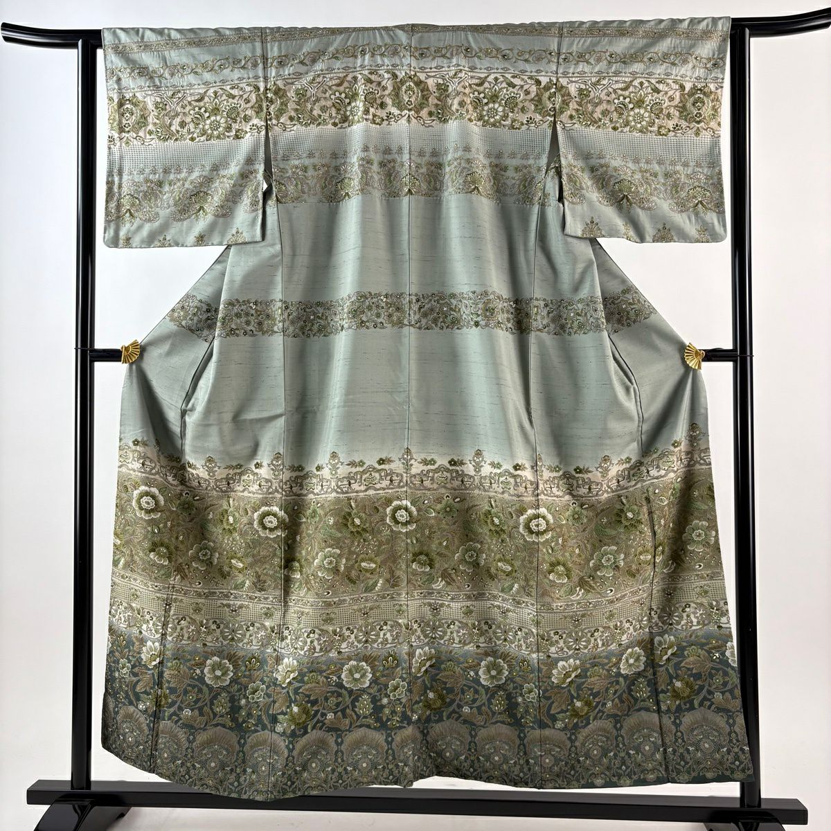 【美品】訪問服 身長156cm 袖長63cm S 雙層 草花紋紋 花唐草紋刺繡 漸層 灰綠 純蠶絲 逸品級