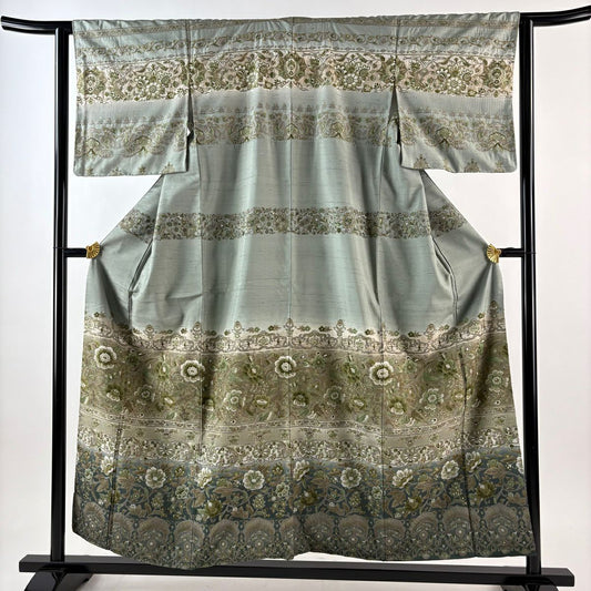 【美品】訪問服 身長156cm 袖長63cm S 雙層 草花紋紋 花唐草紋刺繡 漸層 灰綠 純蠶絲 逸品級
