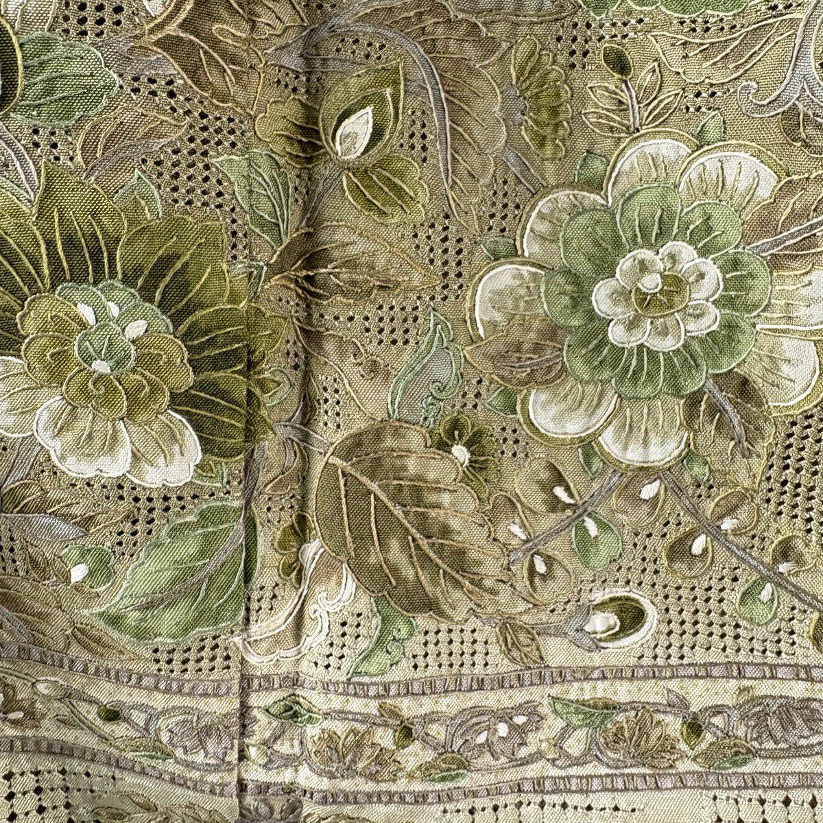 【美品】訪問服 身長156cm 袖長63cm S 雙層 草花紋紋 花唐草紋刺繡 漸層 灰綠 純蠶絲 逸品級