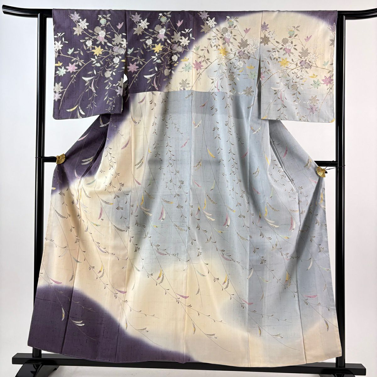 訪問服 身長157.5cm 袖長62.5cm S 雙層 紬織織 葉柄 櫻花 金銀彩 染分 紫 純蠶絲 逸品級