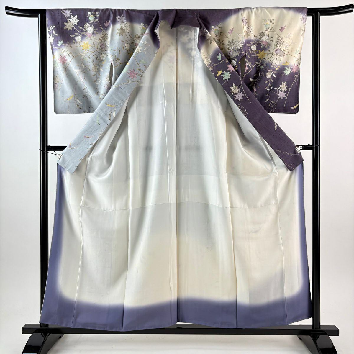 訪問服 身長157.5cm 袖長62.5cm S 雙層 紬織織 葉柄 櫻花 金銀彩 染分 紫 純蠶絲 逸品級